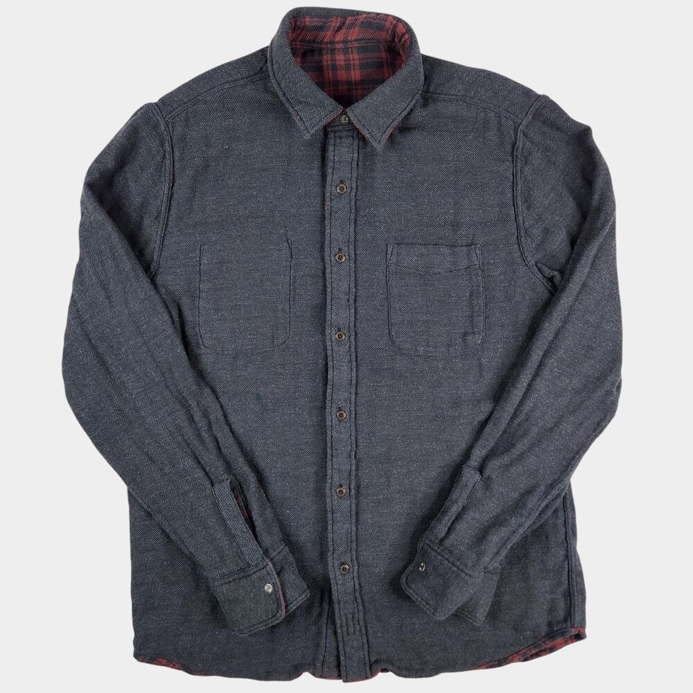 Faherty Reversible Shirt Mens Medium Charcoal Red Plaid Button-Up Organic Cotton